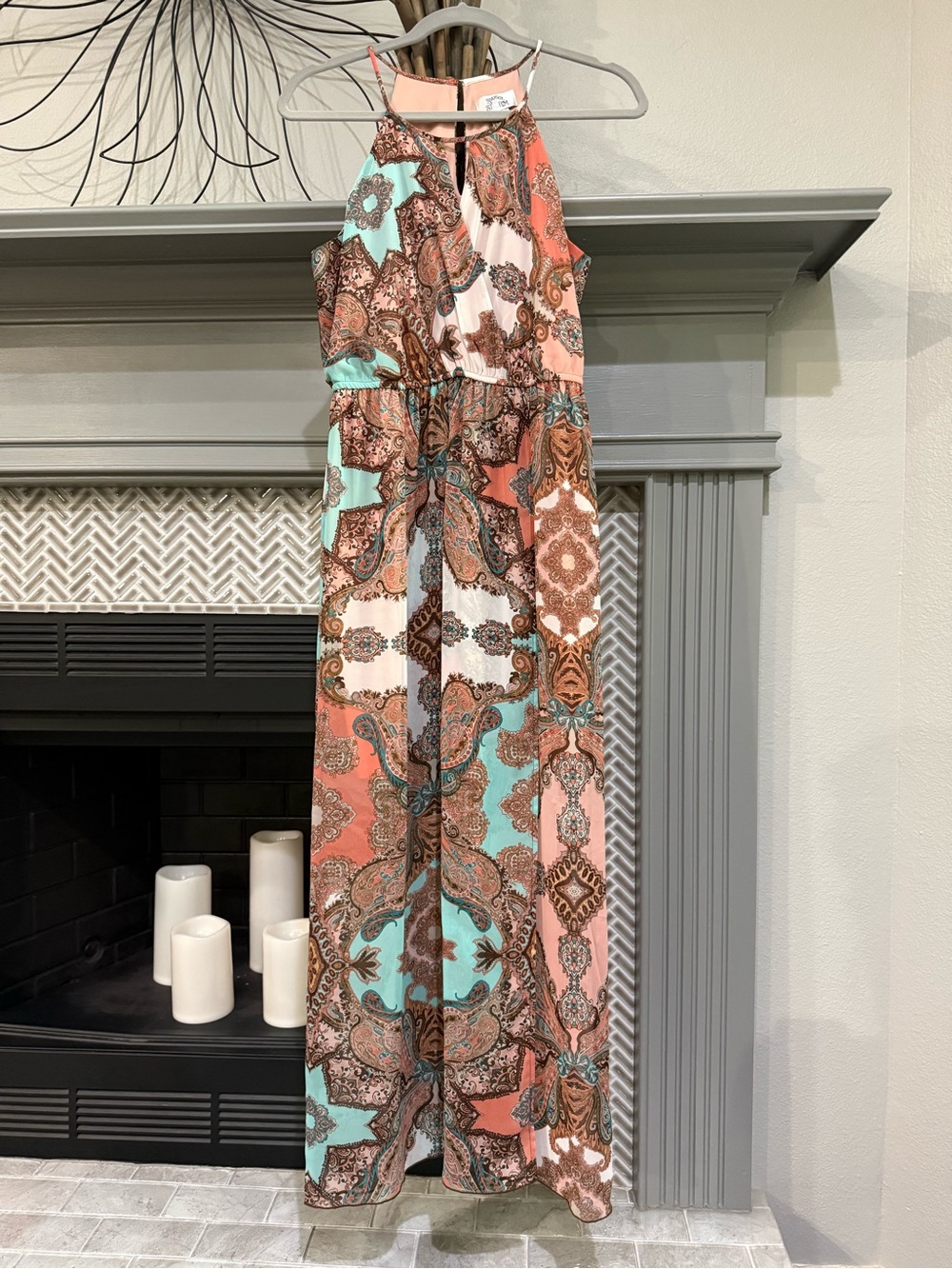 Sweet Storm Paisley Halter Dress in Coral, Mint & Brown